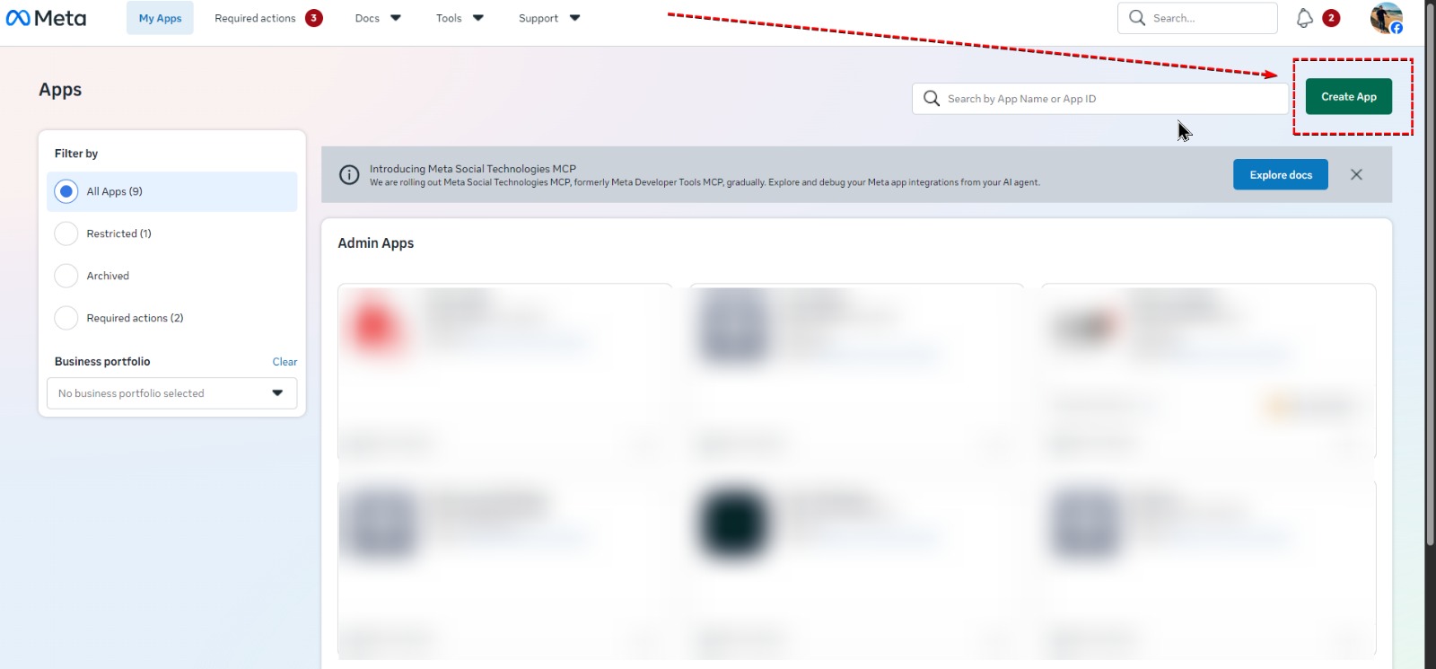 Meta for Developers "Create App" düğmesi