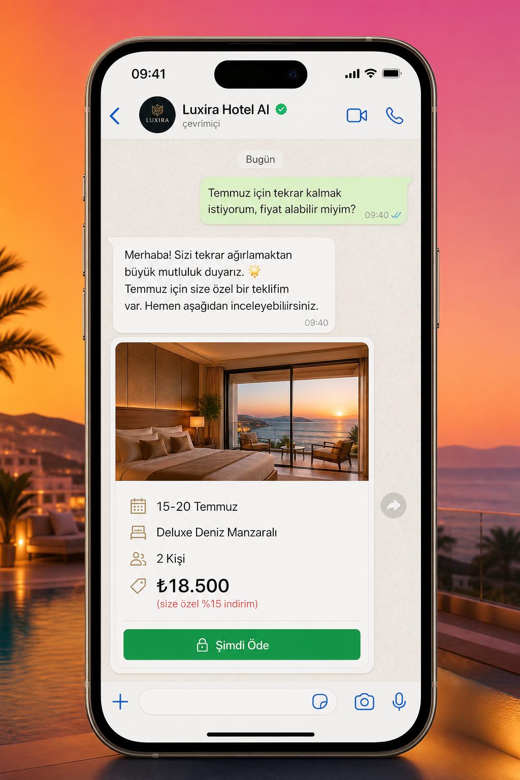 WhatsApp üzerinden ödeme linki içeren tekrar rezervasyon teklifi