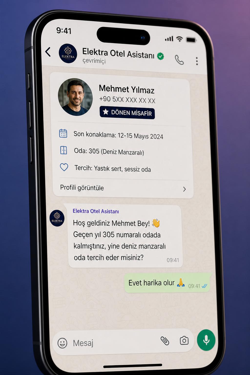 WhatsApp üzerinde dönen misafiri tanıyan otel asistanı sohbeti