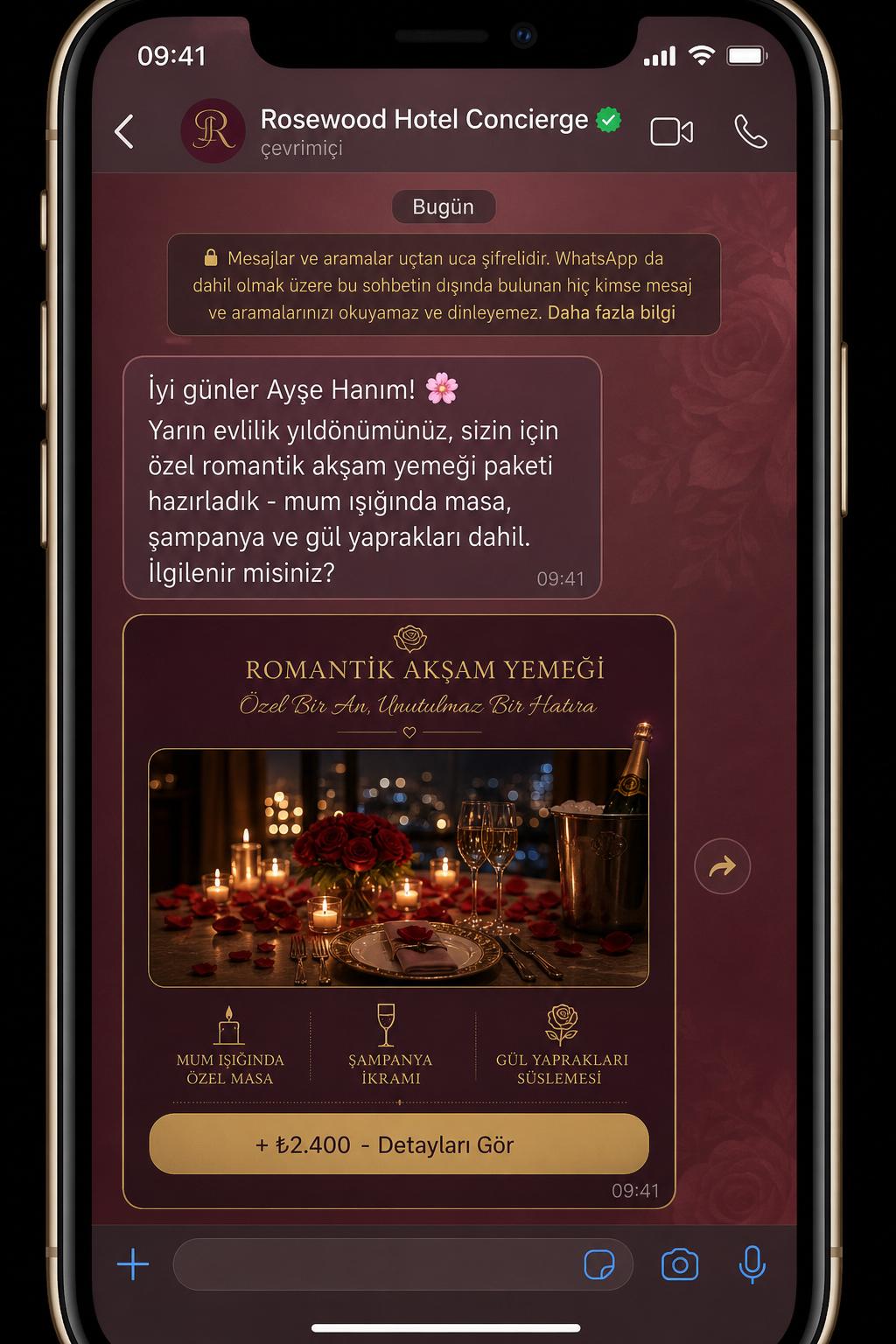 Yıldönümü için romantik akşam yemeği upsell teklifi WhatsApp sohbeti